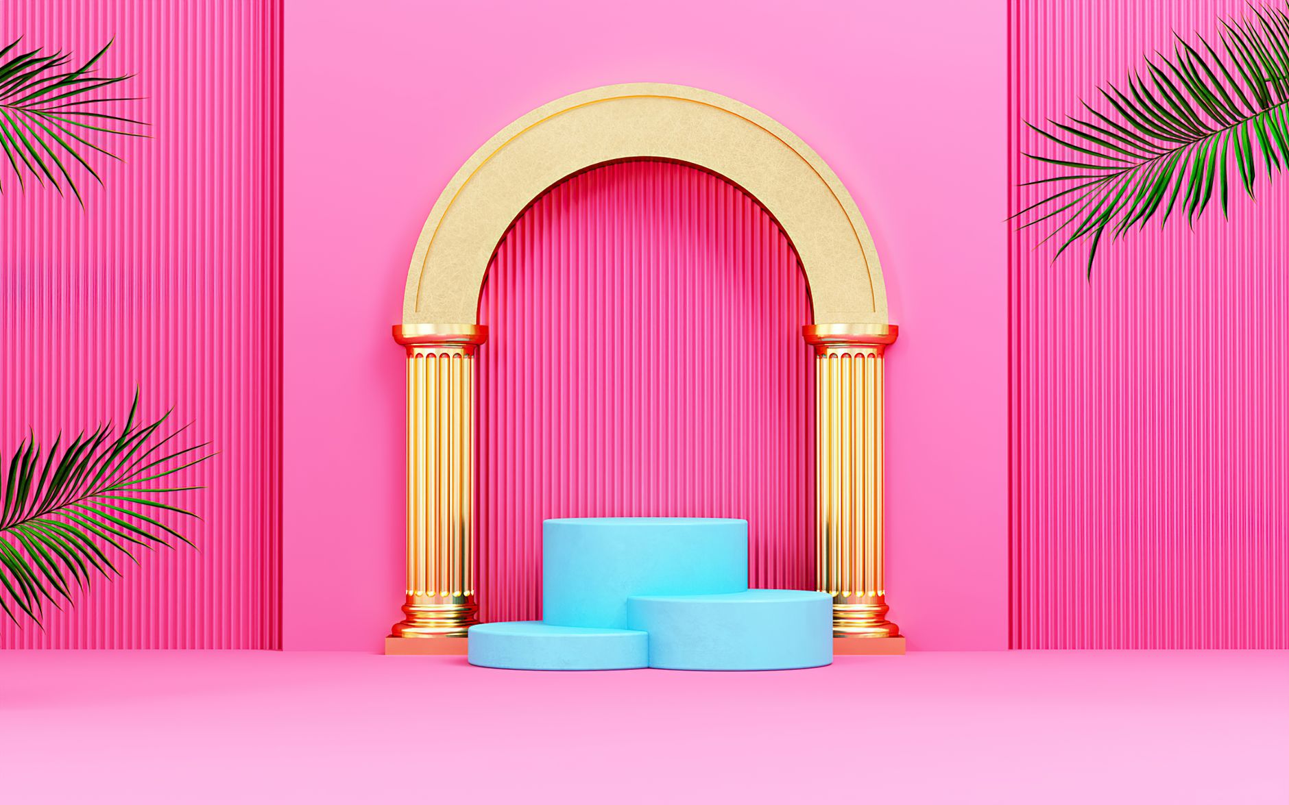 neon podium under golden arch